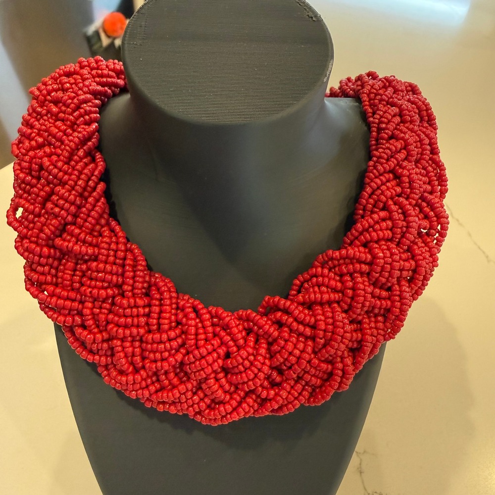 Boho Statement Red Seed Bead Braided Multi Strand Chunky Bib Necklace